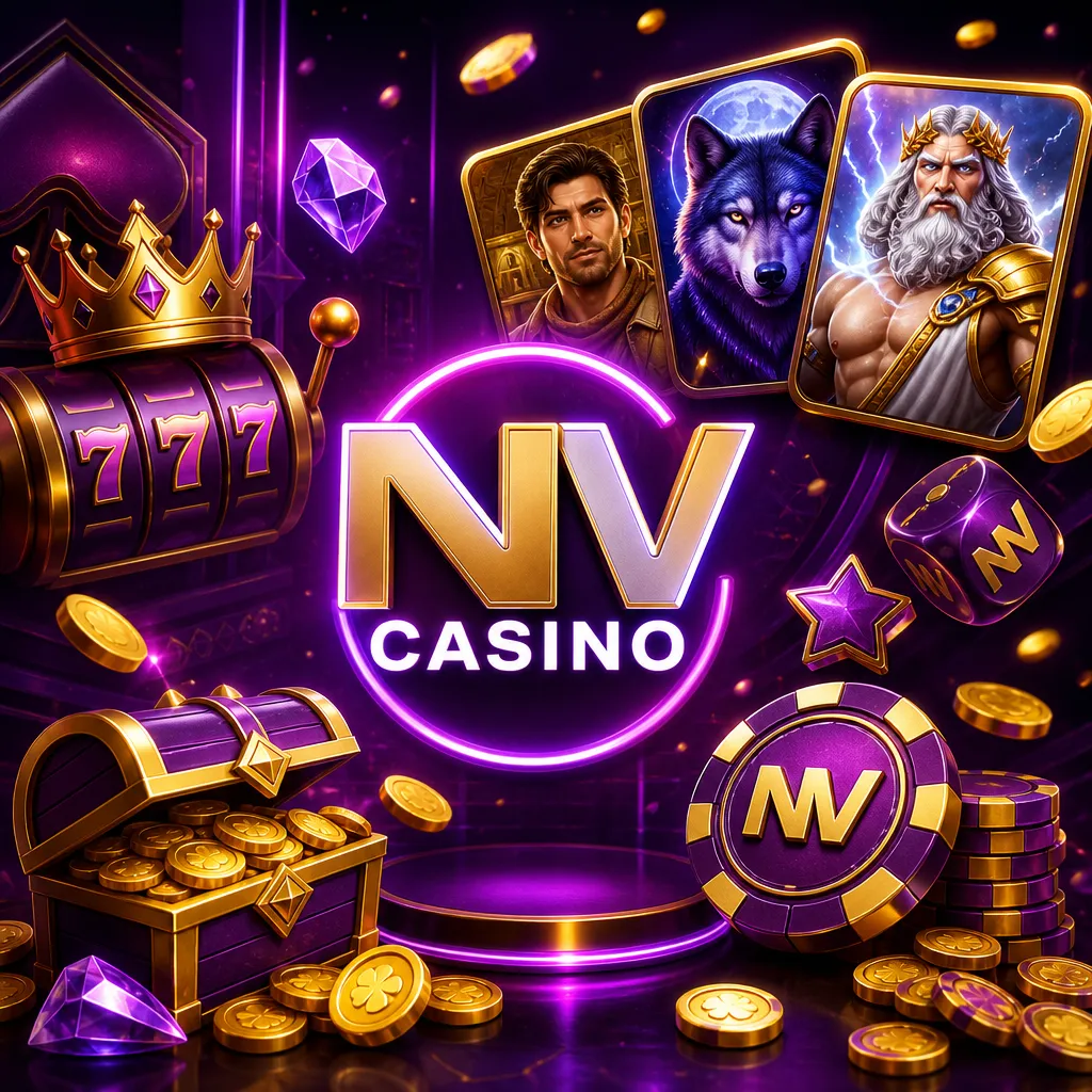 NV Casino promotional image with official logo, purple-magenta neon glow, and slot-inspired elements in a modern iGaming styl